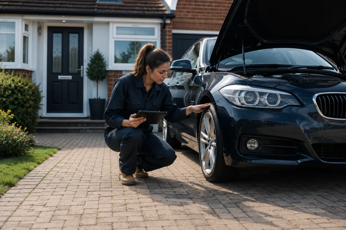 A mechanic inspecting a used car on a home driveway