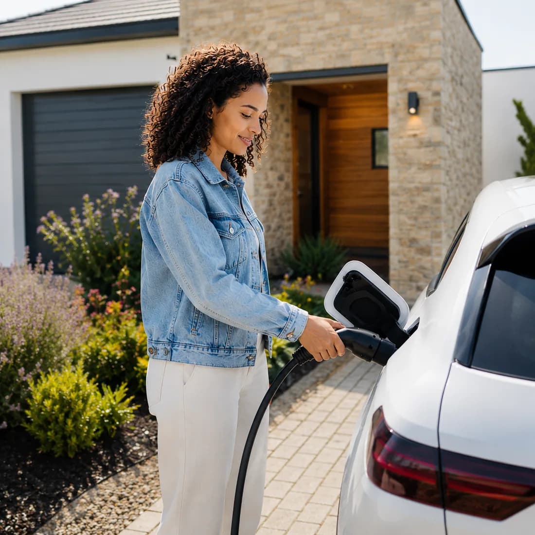 Driver charging an electric car on their home driveway